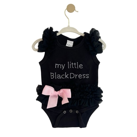 (NWOT) GANZ Black w/ Pink Bow Ruffle “my little Black Dress” One Piece Bodysuit - Picture 1 of 4